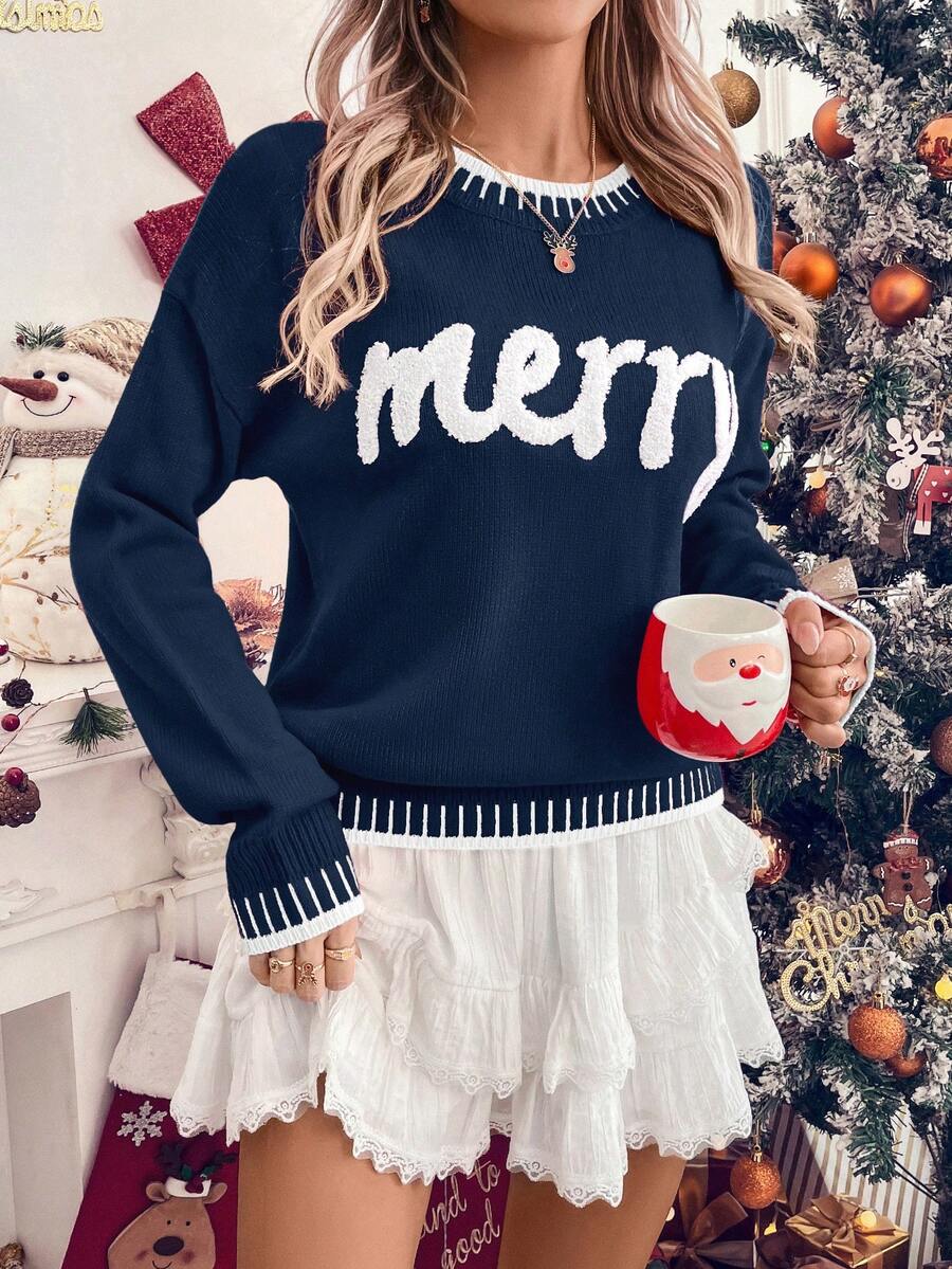 LanaWest Women's Christmas Font Pattern Knit Sweater For New Year Clothes - Navy Blue - View 1