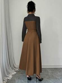Modelyn 女士优雅撞色拼接二合一连衣裙，秋冬长款晚礼服 - 棕色 - 查看 2