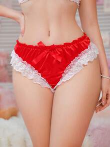 PetitDoll Pink Ruched Back Bow Ruffle Lace Flounce High Waist Satin Doll Style Thong Panties - Red - View 2