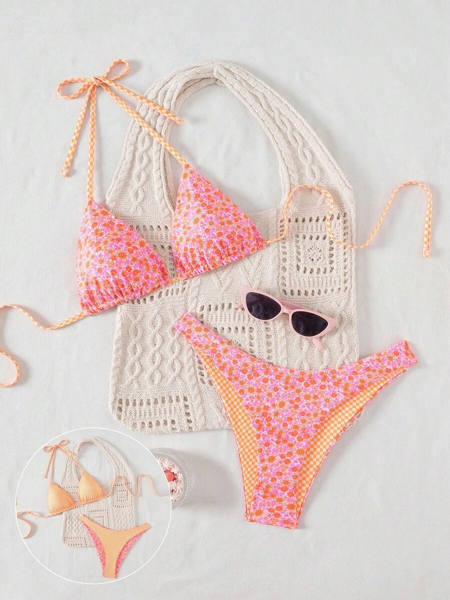 Swim Mod Springbreak 女式可爱性感印花双面三角比基尼泳装套装，侧系带泳裤，可调节两件套海滩度假装，波西米亚风 - 彩色 - 查看 1