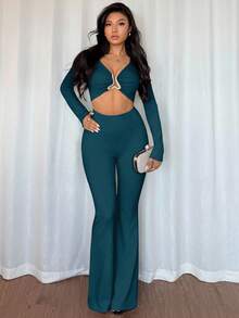 Rafferiza 欧美风格休闲金属装饰收腰长袖性感黑色高弹力女式连体裤 - 水鴨藍 - 查看 5