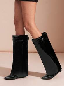 SHUZIA 女士时尚舒适尖头漆皮PU翻边过膝高跟坡跟靴 - 黑色 - 查看 2