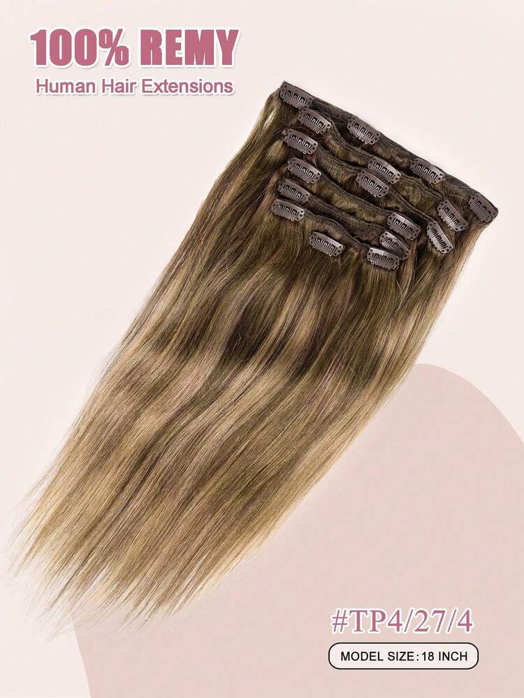 Kẹp tóc giả bằng tóc thật, Balayage màu nâu sô cô la pha trộn màu vàng caramel 120g Tóc giả bằng tóc thật, tóc thẳng Remy, chân tóc sẫm màu, Ombre, 18-24 inch, 7 chiếc - S4/27/4 - Xem 2