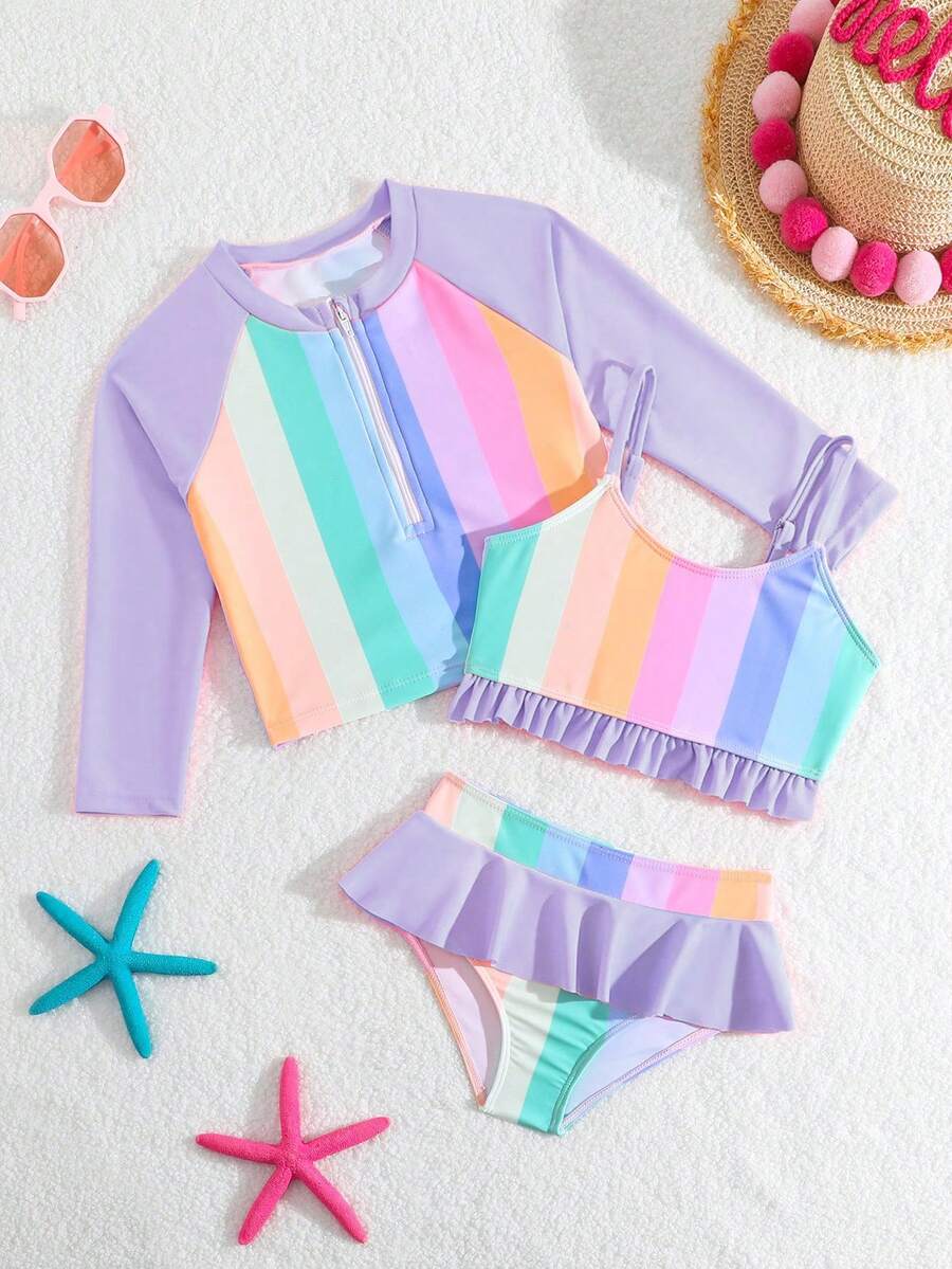 SHEIN 少女彩色条纹泳衣套装 - 紫色 - 查看 1
