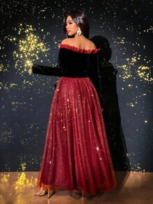 Viva Relle 大码女式露肩网眼飘逸长袖连衣裙，适合派对、婚礼宾客 - 彩色 - 查看 2