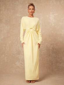 Lumalex VITNOS Damen blassgelbes elegantes Herbst Tee-Party Maxikleid, Puffärmel, gefaltete Taille, langes Hochzeitsgastkleid mit Metallknöpfen, Old Money Stil - Hellgelb - Übersicht 3