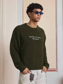 SWAVVY Jersey de cuello redondo con ajuste holgado para hombre con bordado de eslogan, otoño/invierno - Verde militar - Ver 6