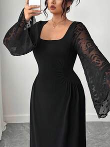 SHEIN PETITE 小码系列女士秋冬植绒提花袖收腰宽松领连衣裙 - 黑色 - 查看 7
