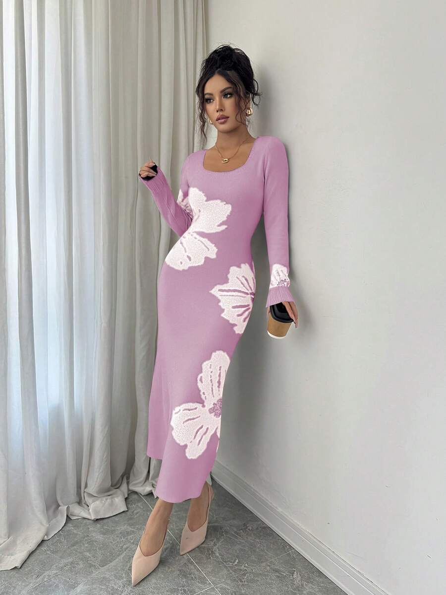 Elenzga Women's Turtleneck Floral Pattern Bodycon Long Sleeve Sweater Dress, Autumn/Winter - Mauve Purple - View 1