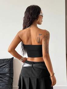 StreetHx Áo crop top thiết kế khoét lỗ phong cách đường phố thường ngày dành cho nữ những năm 2000, áo bandeau màu trơn gợi cảm, thu/đông - màu đen - Xem 2