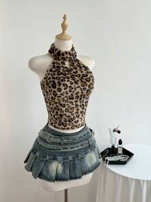 Elamini 性感豹纹毛绒露背吊带皮肩带上衣，秋冬款 - 彩色 - 查看 7