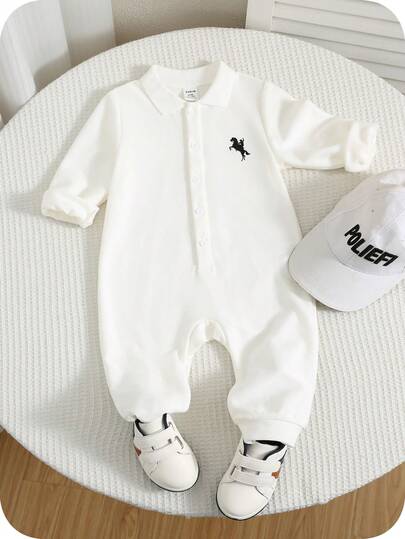 SHEIN Unisex Baby Boy/Girl Fall/Winter Clothes Outfit Set, Jumpsuits, Casual Solid White Collar Front Open Long Sleeve Jumpsuit, Comfortable Versatile Minimalist Style Basic, Suitable For Autumn/Winter, Festivals, New Year, Weddings, Baby Shower, White Corset, Winter Clothes