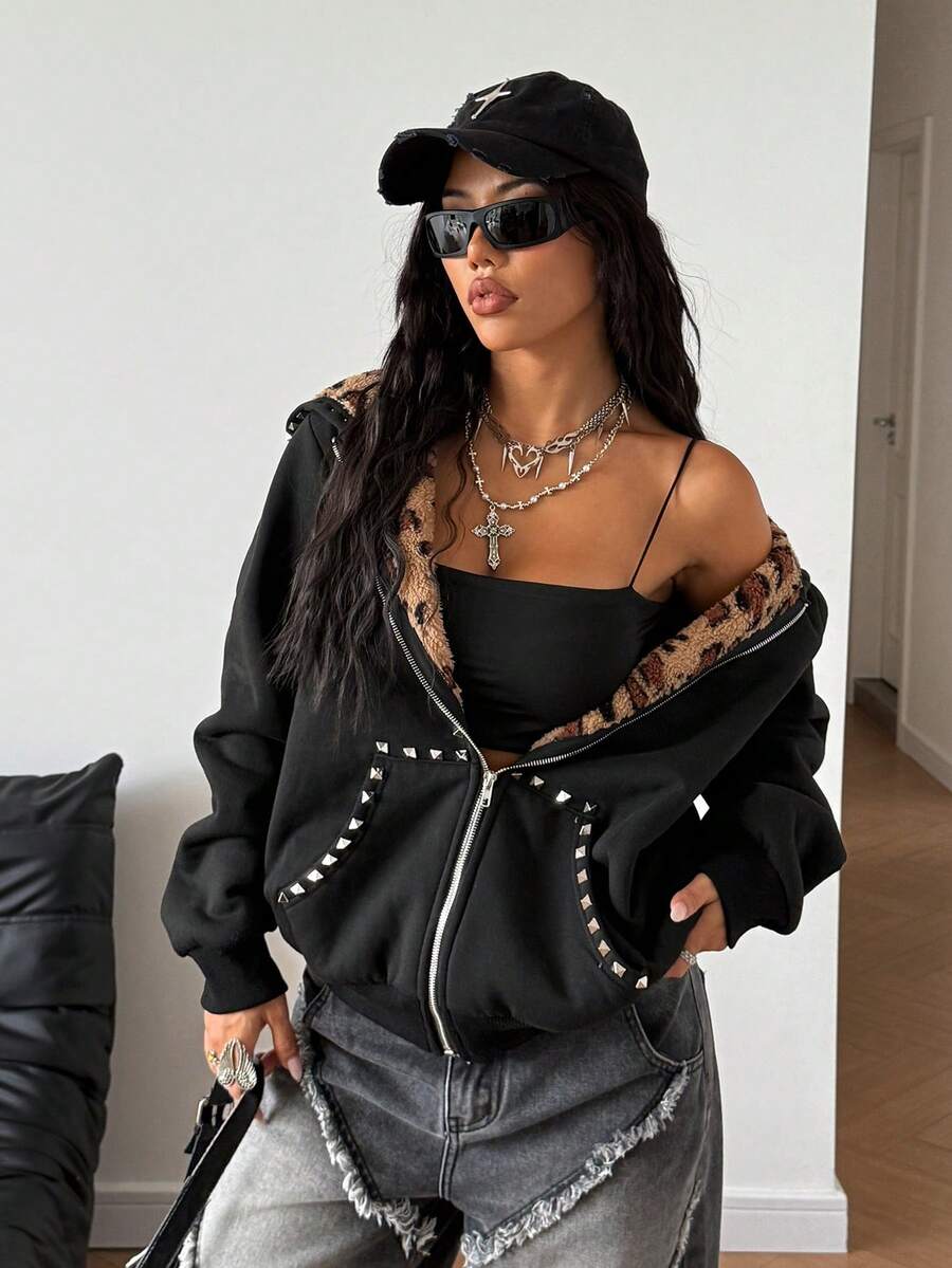 StreetHx Áo nỉ nỉ họa tiết da báo đinh tán phong cách Street Subculture dành cho nữ - màu đen - Xem 1