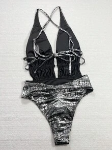 Swim SXY 金箔深 V 抽绳休闲沙滩泳衣女式连体泳衣 - 黑色 - 查看 2