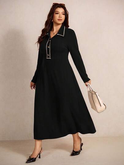 Elaquor 大码女式纽扣门襟长袖休闲连衣裙