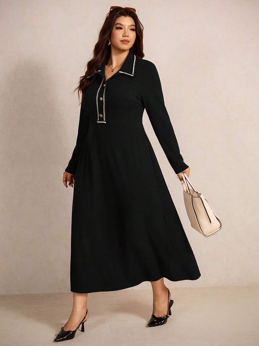 SHEIN Elaquor Plus Size Women's Button Placket Long Sleeve Casual Dress - Black - View 1