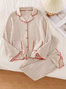 女童提花羊毛罗纹面料长袖上衣和裤子撞色边家居服套装 - 彩色 - 查看 1