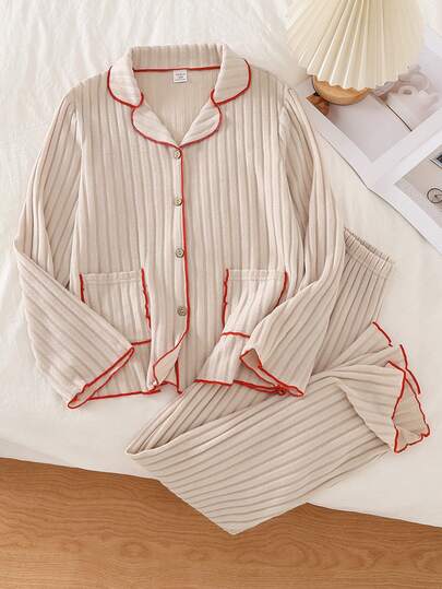 女童提花羊毛罗纹面料长袖上衣和裤子撞色边家居服套装