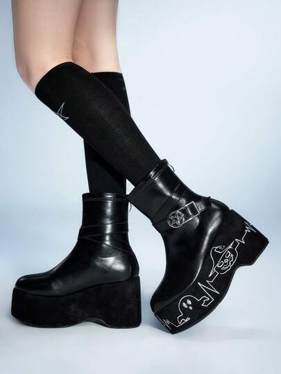 Sugerpunk Kadın Moda Platform Bilek Botları - Punk Tarzı Koyu Yıldız Çift Tokalı Arka Fermuarlı Rahat Sade Botlar