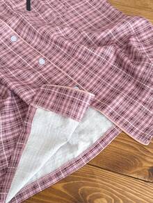 SHEIN Bộ đồ ngủ tay ngắn ve áo họa tiết kẻ caro - Bụi hồng - Xem 3