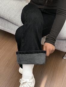 SHEIN 少女Y2K 90年代休闲纯色水洗高腰喇叭休闲保暖保暖内衬牛仔喇叭裤，圣诞节 - 黑色 - 查看 3