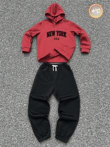 SHEIN 2件組青少年男孩休閒聖誕字母印花秋季連帽衛衣與運動長褲，冬季畢業返校純色抽繩運動套裝 - 黑色 - 查看 3