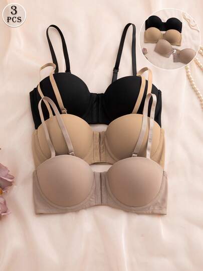 SHEIN 3pcs/Set Multi-Color Balcony Bra Front Closure Push Up Bra, Convertible Spaghetti Strap & Spaghetti Strap