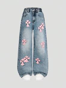 SHEIN ChillGRL 少女牛仔裤 - 做旧花卉刺绣阔腿牛仔裤，复古水洗牛仔布，Y2K美学，休闲，可爱，复古，2000年代流行/波西米亚风格，适合春、夏、秋、冬四季穿着。蝴蝶结牛仔裤，宽松星星牛仔裤，粉色蝴蝶结刺绣交叉牛仔裤，Y2K牛仔裤。 - 淺色水洗藍 - 查看 2