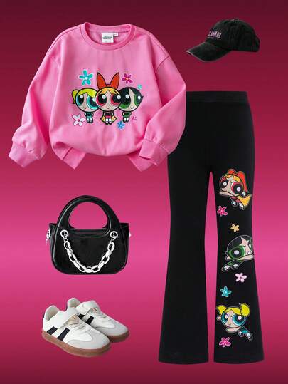 THE POWERPUFF GIRLS X SHEIN 两件套：少女可爱卡通图案圆领落肩长袖粉色卫衣和黑色喇叭针织休闲裤，日常穿着