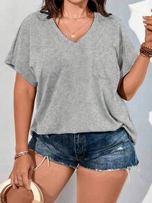 Vionelle Kích thước lớn Mùa hè giản dị Màu thuần Cổ chữ V Ngắn tay Áo thun - Xám - Xem 4