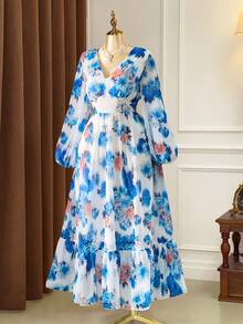SHEIN Clasi Plus Size Women Rose Print V-Neck Long Sleeve Waist Cinched Flared Romantic Elegant Dress - Blue - View 4