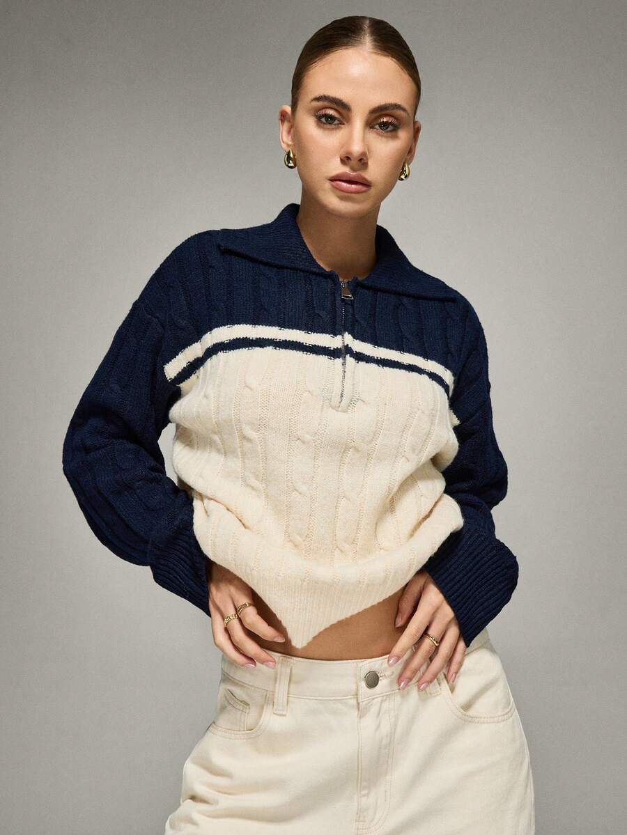 Qadelle Women's Autumn/Winter Contrast Color Striped Collar Zip-Up Textured Knit Top - Royal Blue - View 1