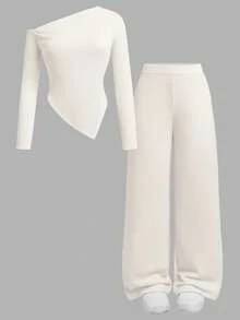 Firerie Kids Firerie Kids 两件套少女休闲针织不对称领T恤和阔腿裤套装，适合秋冬季日常休闲穿着 - 杏色 - 查看 7