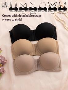 DesireSculpt 3pcs/Set Multi-Color Balcony Bra Front Closure Push Up Bra, Convertible Spaghetti Strap & Spaghetti Strap - Multicolor - View 6
