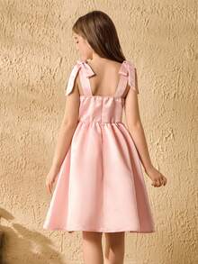 Girls' Bowknot Strap Flare Dress, Pink Satin Prom Gown - Pink - View 2