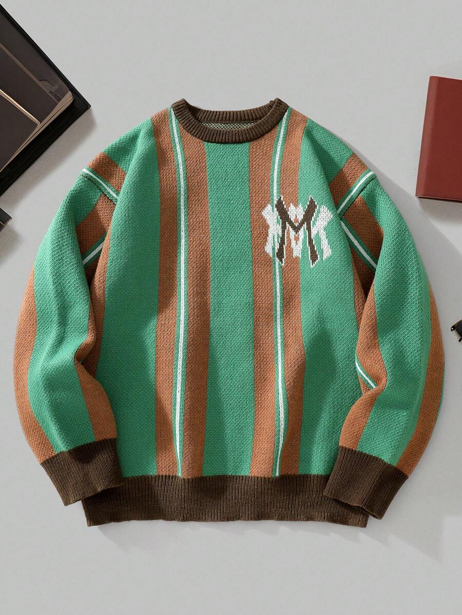 Manfinity Homme 男士撞色圆领长袖条纹休闲针织套头毛衣，冬季款 - 彩色 - 查看 1