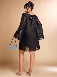 Cravure Plus Size Women Elegant Bow Decor Short Dress - Multicolor - View 3