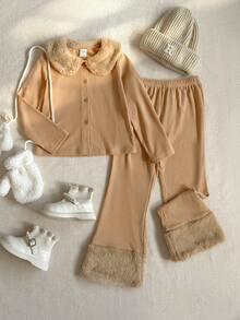 PrepCrw Young Girls' Collegiate Style Faux Fur Collar Front Button Jacket And Flare Leg Pants Set - Multicolor - View 6