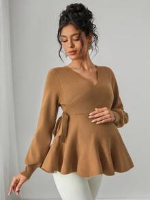 Momance Women's Fitted V-Neck Lantern Sleeve Ruffle Hem Faux Bowknot Design Elegant Date Night Long Sleeve Maternity Sweater - Brown - View 1