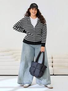 SHEIN EZwear Plus Size Black & White Striped Print Zip-Up Casual Long Sleeve Hoodie Sweater Autumn Winter Clothes For Women - Black and White - View 4