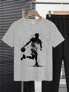 SHEIN 2 件套休闲篮球图案套头衫，适合青少年男孩，适合夏季 - 彩色 - 查看 3
