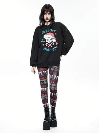 Goth Gothic Style Christmas Skeleton, Bat, Spider Web, Snowflake, Iris Flower Print Women Elastic Leggings