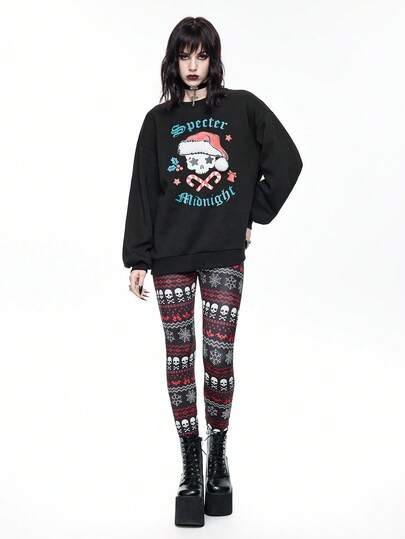 Goth Gothic Style Christmas Skeleton, Bat, Spider Web, Snowflake, Iris Flower Print Women Elastic Leggings