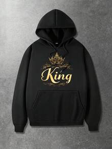 Manfinity Homme Plus Size Men's Casual Letter Graphic Pocket Drawstring Hoodie Sweatshirt, Autumn - Black - View 3