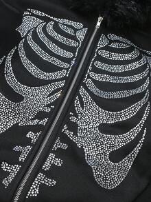 ROMWE MEN Street Life Unisex Rhinestone Embellished Skeleton Zip-Up Hooded Sweatshirt, Casual Street Style, Autumn/Winter, Long Sleeve Top - Black - View 7