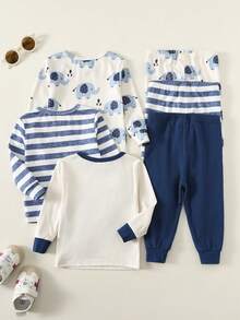 SHEIN 6件套婴儿男女童贴身睡衣套装，可爱大象条纹图案，柔软舒适睡衣 - 藍白色 - 查看 2