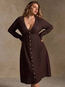 Elegantrix 秋冬大码女式针织连衣裙，蕾丝金属纽扣腰部A字开衩连衣裙，棕色连衣裙，优雅女士长袖连衣裙，秋冬紧身长款连衣裙，乡村音乐会服装，复古街头风，外出服装，女士办公室着装 - 棕色 - 查看 3