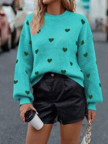 SHEIN LUNE Sweater Kasual Wanita Motif Hati dengan Bahu Longgar, Musim Gugur/Dingin - Hijau - View 4