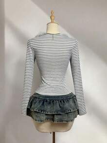 Elamini 2025秋冬新款女式修身V领条纹长袖上衣，性感款式 - 灰色 - 查看 2