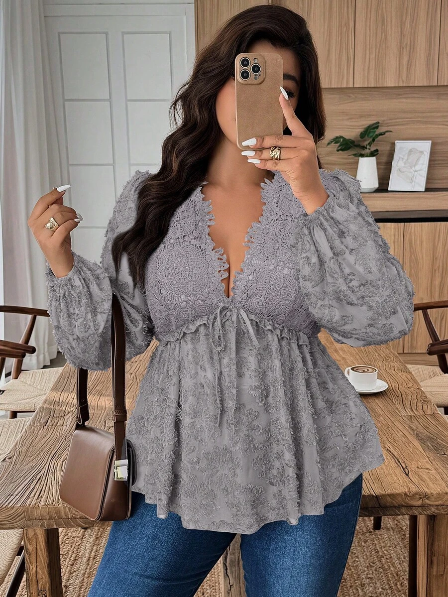 SHEIN LUNE Plus Size Women Elegant Lace Jacquard Fabric Ruffle Hem Party Blouse, Office Wear - Grey - View 1